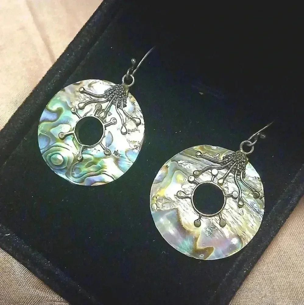 NEW- GENUINE ABALONE SHELL DESIGNER EARRINGS  .925 STAMPED STERLING SILVER